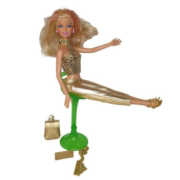 Barbie Doll Dress in Gold with Barbie Accessories and Chair Bundle - Picture 6 of 7